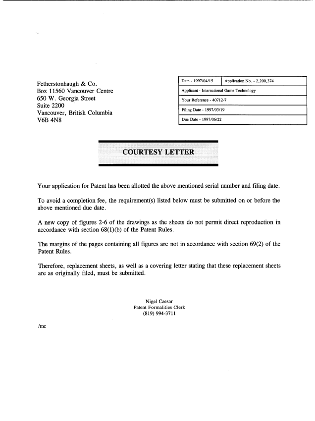 Canadian Patent Document 2200374. Correspondence 19970415. Image 1 of 9
