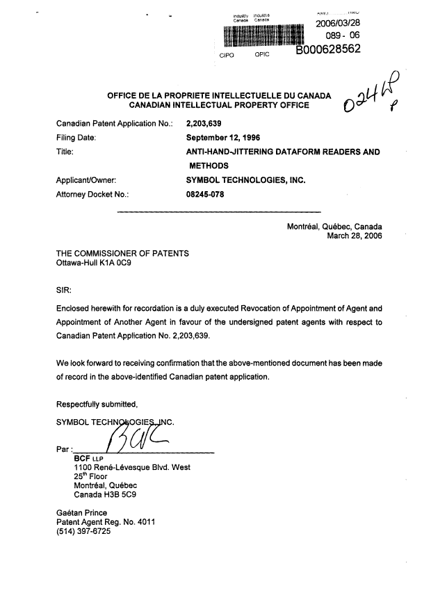 Canadian Patent Document 2203639. Correspondence 20060328. Image 1 of 2