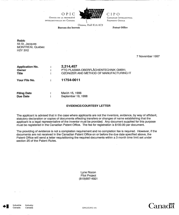 Canadian Patent Document 2214457. Correspondence 19971107. Image 1 of 1