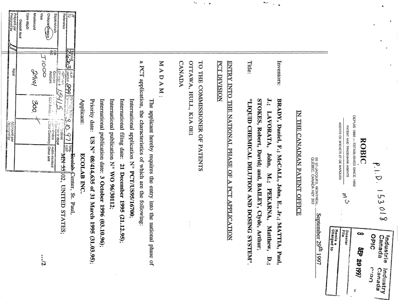 Canadian Patent Document 2215413. Assignment 19970929. Image 1 of 6