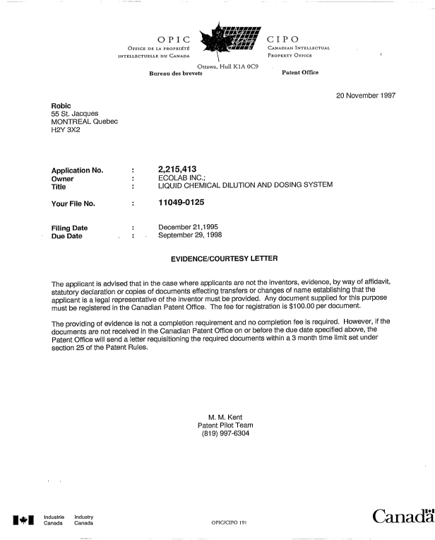 Document de brevet canadien 2215413. Correspondance 19971120. Image 1 de 1