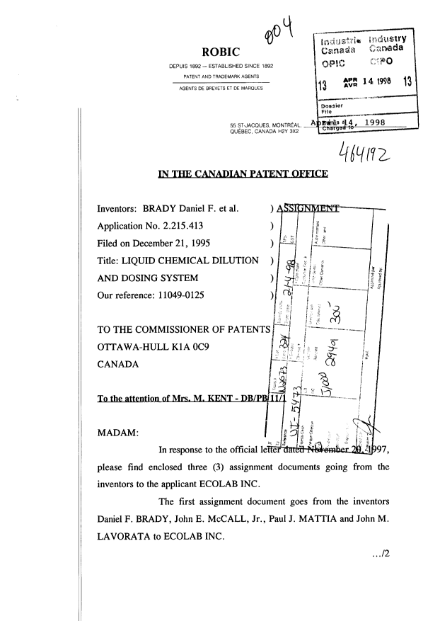 Document de brevet canadien 2215413. Cession 19980414. Image 1 de 12