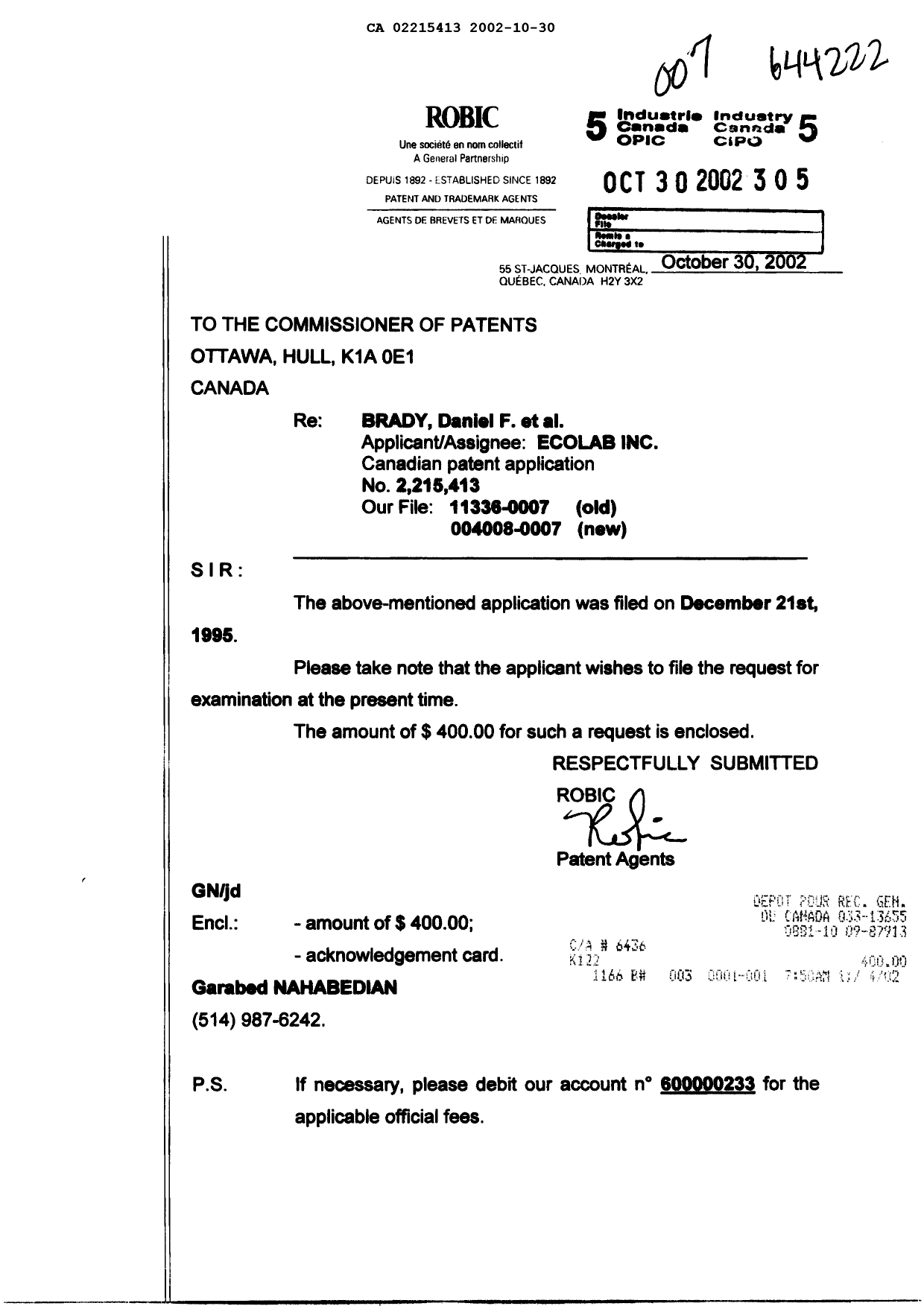 Canadian Patent Document 2215413. Prosecution-Amendment 20021030. Image 1 of 1