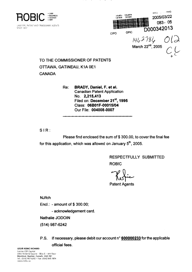 Document de brevet canadien 2215413. Correspondance 20050322. Image 1 de 1