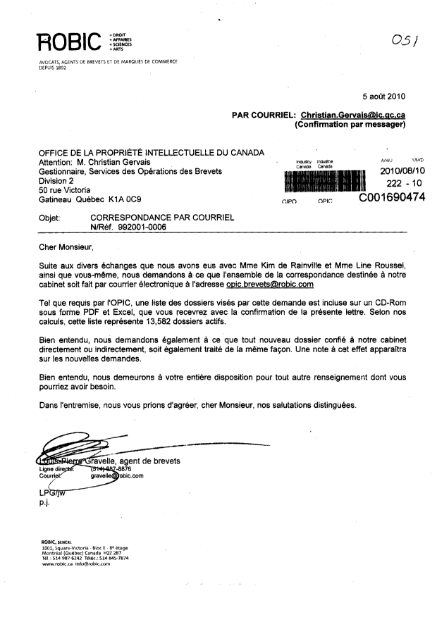 Document de brevet canadien 2215413. Correspondance 20100810. Image 1 de 1