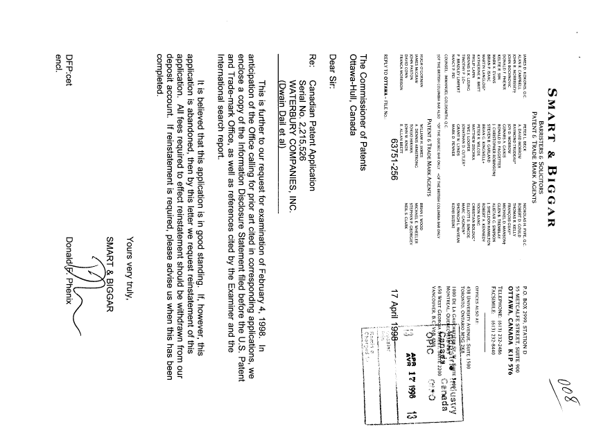 Canadian Patent Document 2215526. Prosecution-Amendment 19980417. Image 1 of 5
