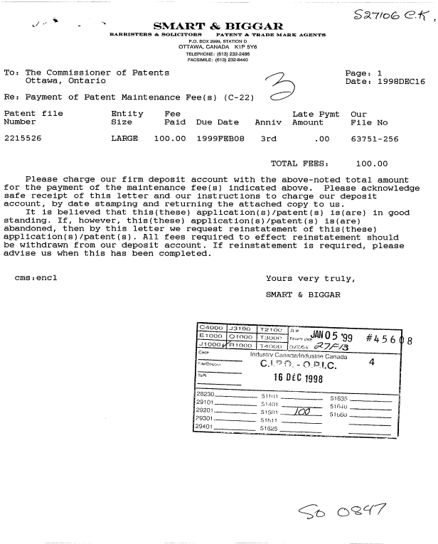 Canadian Patent Document 2215526. Fees 19981216. Image 1 of 1