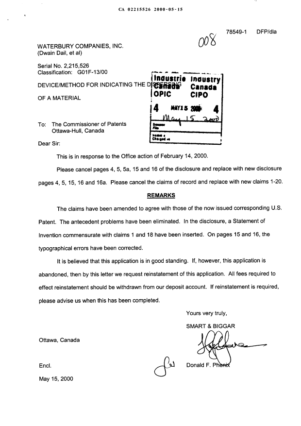 Canadian Patent Document 2215526. Prosecution-Amendment 20000515. Image 1 of 12