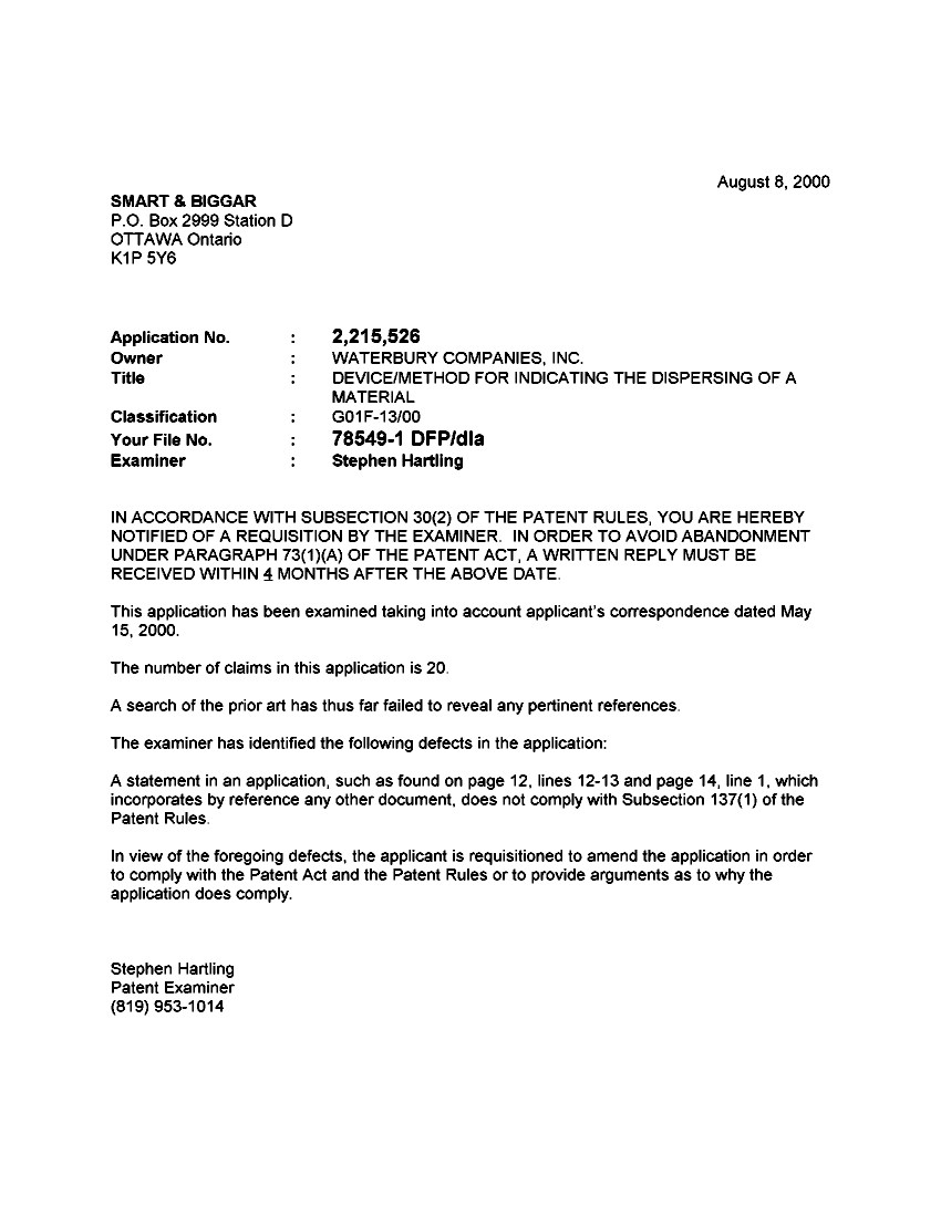 Canadian Patent Document 2215526. Prosecution-Amendment 20000808. Image 1 of 1