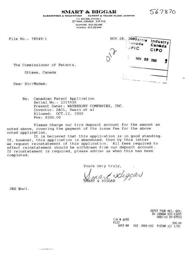 Canadian Patent Document 2215526. Correspondence 20001128. Image 1 of 1