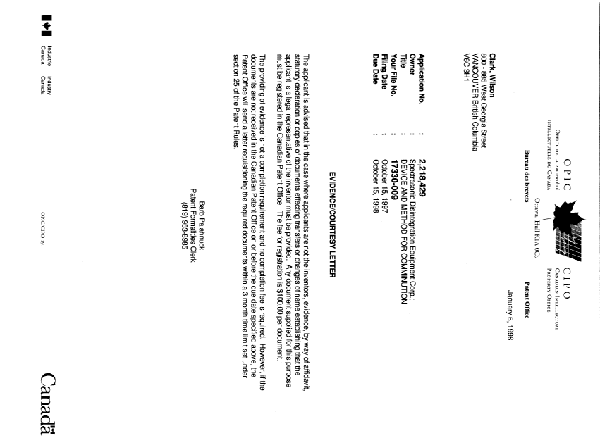 Canadian Patent Document 2218429. Correspondence 19971205. Image 1 of 1