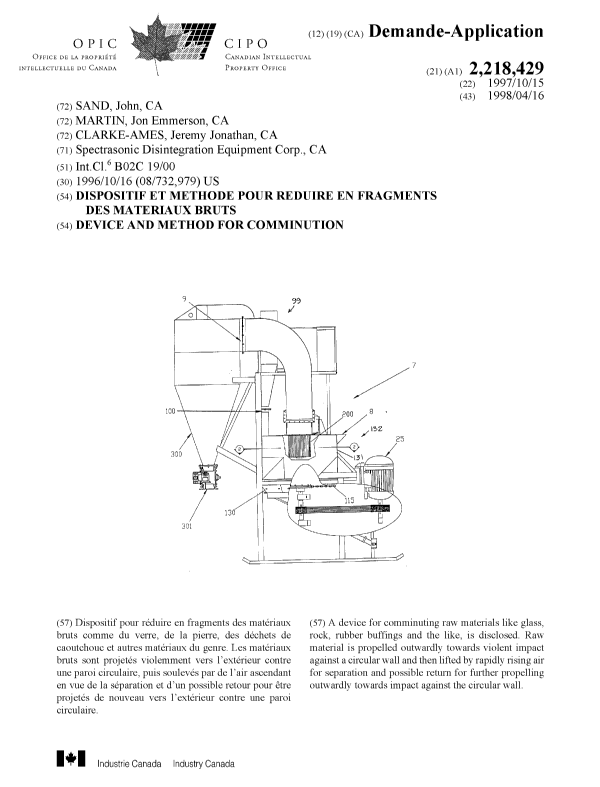 Canadian Patent Document 2218429. Cover Page 19971223. Image 1 of 1