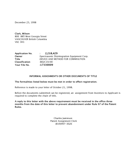 Canadian Patent Document 2218429. Correspondence 19971223. Image 1 of 1