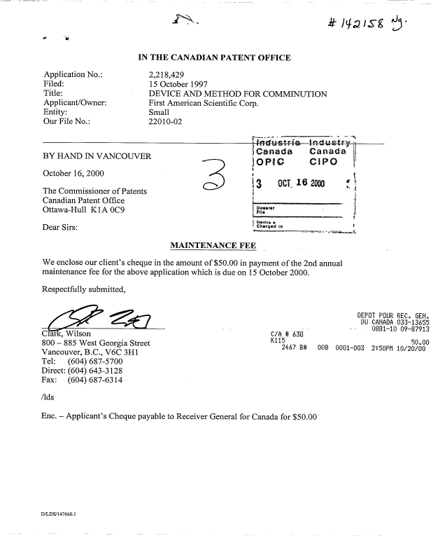 Canadian Patent Document 2218429. Fees 19991216. Image 1 of 1