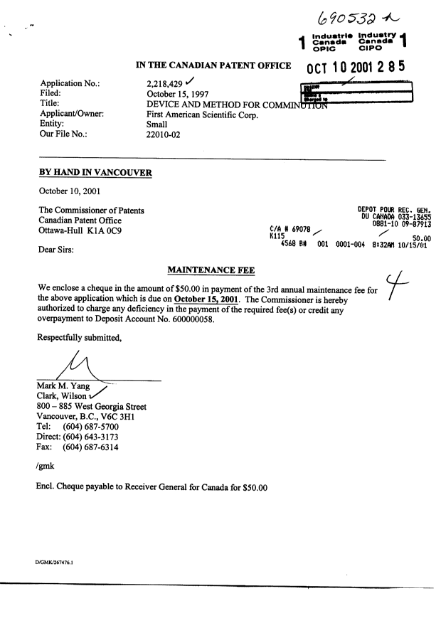 Canadian Patent Document 2218429. Fees 20001210. Image 1 of 1