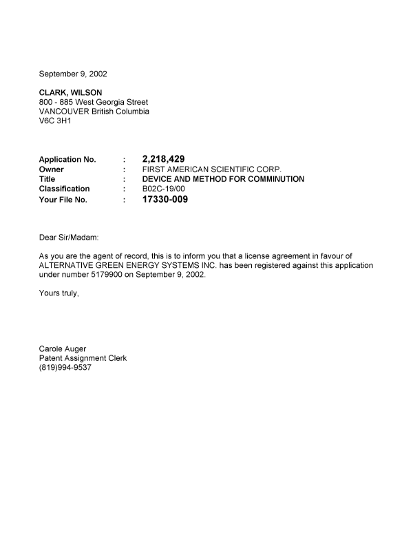 Canadian Patent Document 2218429. Correspondence 20011209. Image 1 of 1