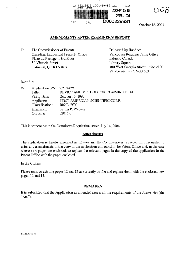 Canadian Patent Document 2218429. Prosecution-Amendment 20031219. Image 1 of 4