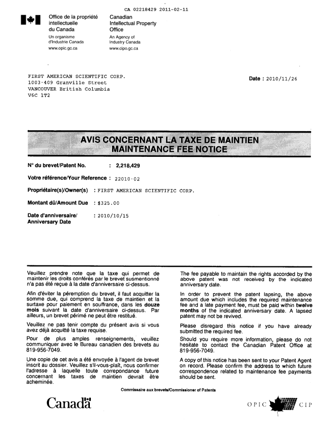 Canadian Patent Document 2218429. Correspondence 20101211. Image 1 of 2