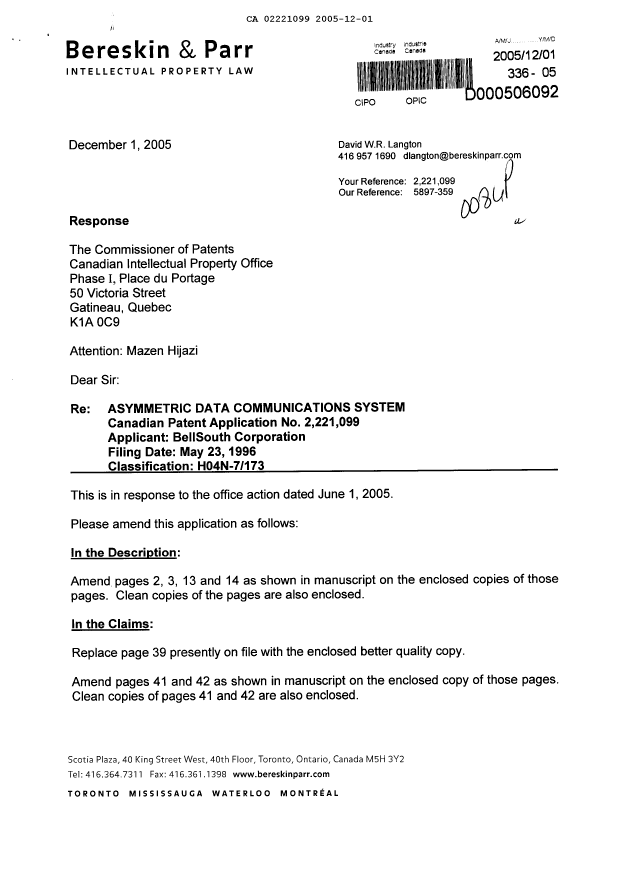 Canadian Patent Document 2221099. Prosecution-Amendment 20051201. Image 1 of 16