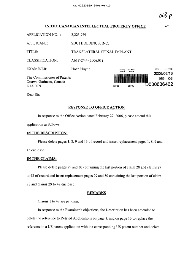 Canadian Patent Document 2223929. Prosecution-Amendment 20051213. Image 1 of 8