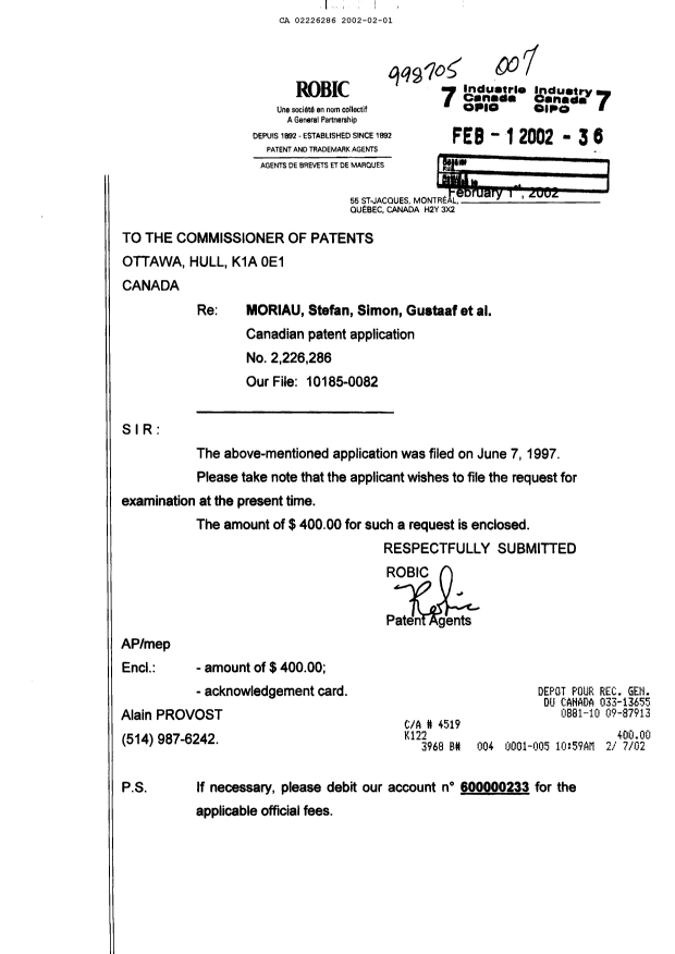 Canadian Patent Document 2226286. Prosecution-Amendment 20020201. Image 1 of 1