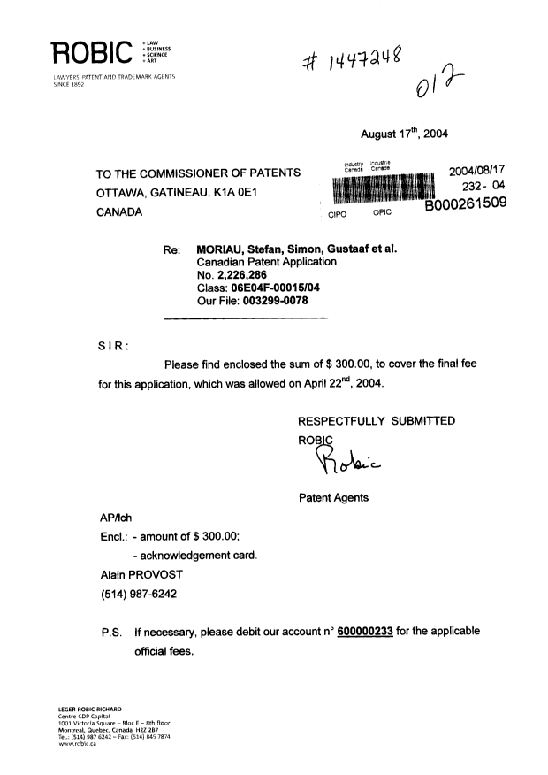 Canadian Patent Document 2226286. Correspondence 20040817. Image 1 of 1