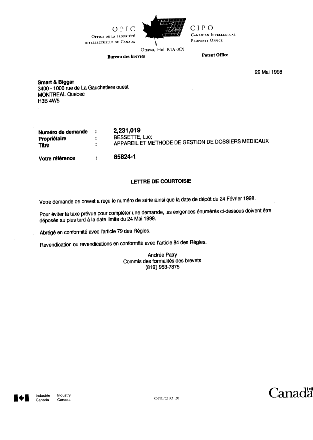 Document de brevet canadien 2231019. Correspondance 19980526. Image 1 de 1