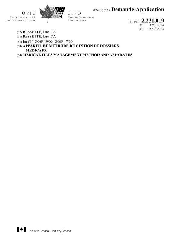 Document de brevet canadien 2231019. Page couverture 19991125. Image 1 de 1
