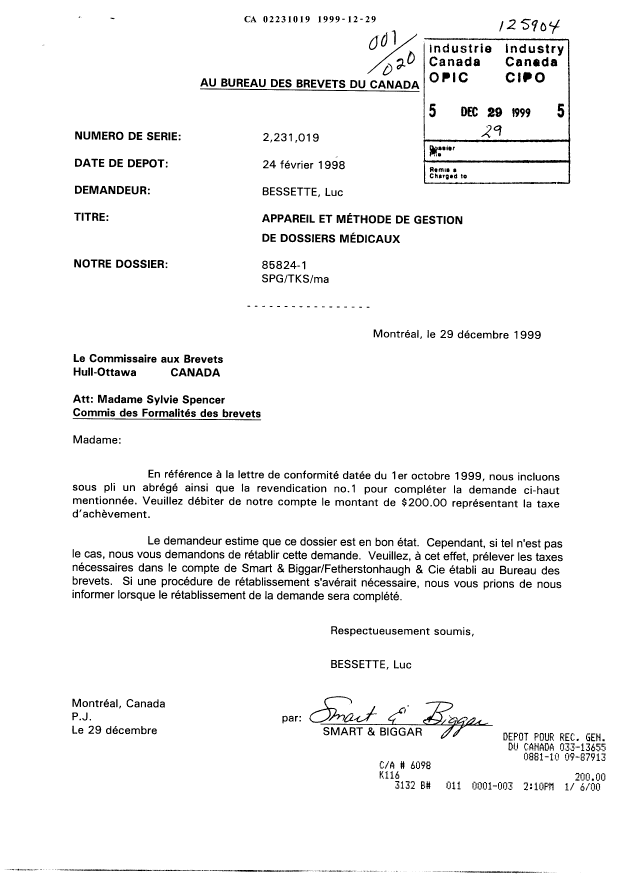 Document de brevet canadien 2231019. Correspondance 19991229. Image 1 de 3