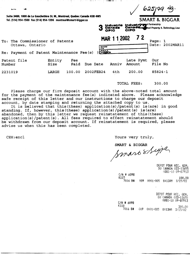 Document de brevet canadien 2231019. Taxes 20020311. Image 1 de 2