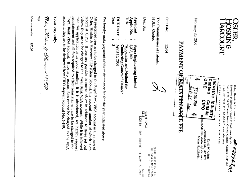 Canadian Patent Document 2233140. Fees 20000225. Image 1 of 1