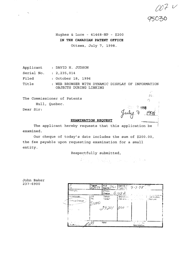 Canadian Patent Document 2235014. Prosecution-Amendment 19980707. Image 1 of 1