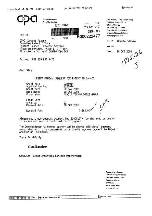 Canadian Patent Document 2235014. Fees 20061017. Image 1 of 1
