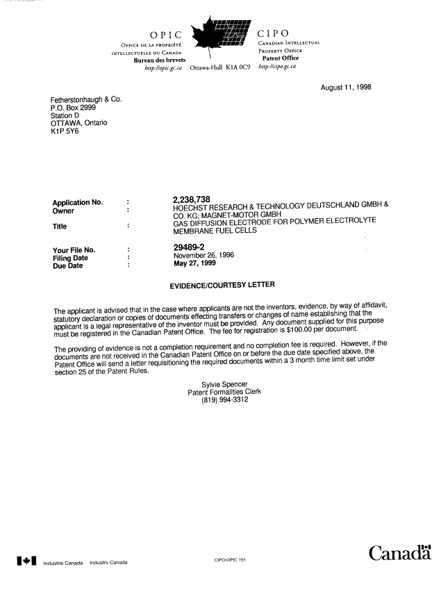 Canadian Patent Document 2238738. Correspondence 19980811. Image 1 of 1