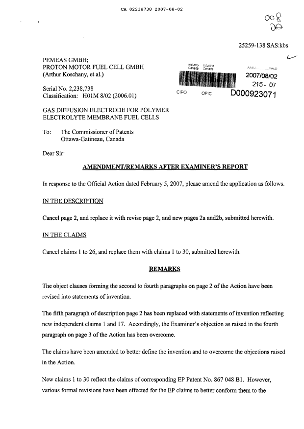 Canadian Patent Document 2238738. Prosecution-Amendment 20070802. Image 1 of 15
