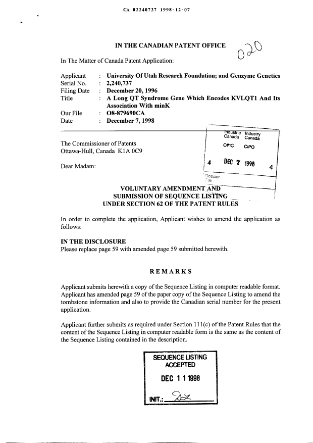 Canadian Patent Document 2240737. Correspondence 19971207. Image 1 of 3