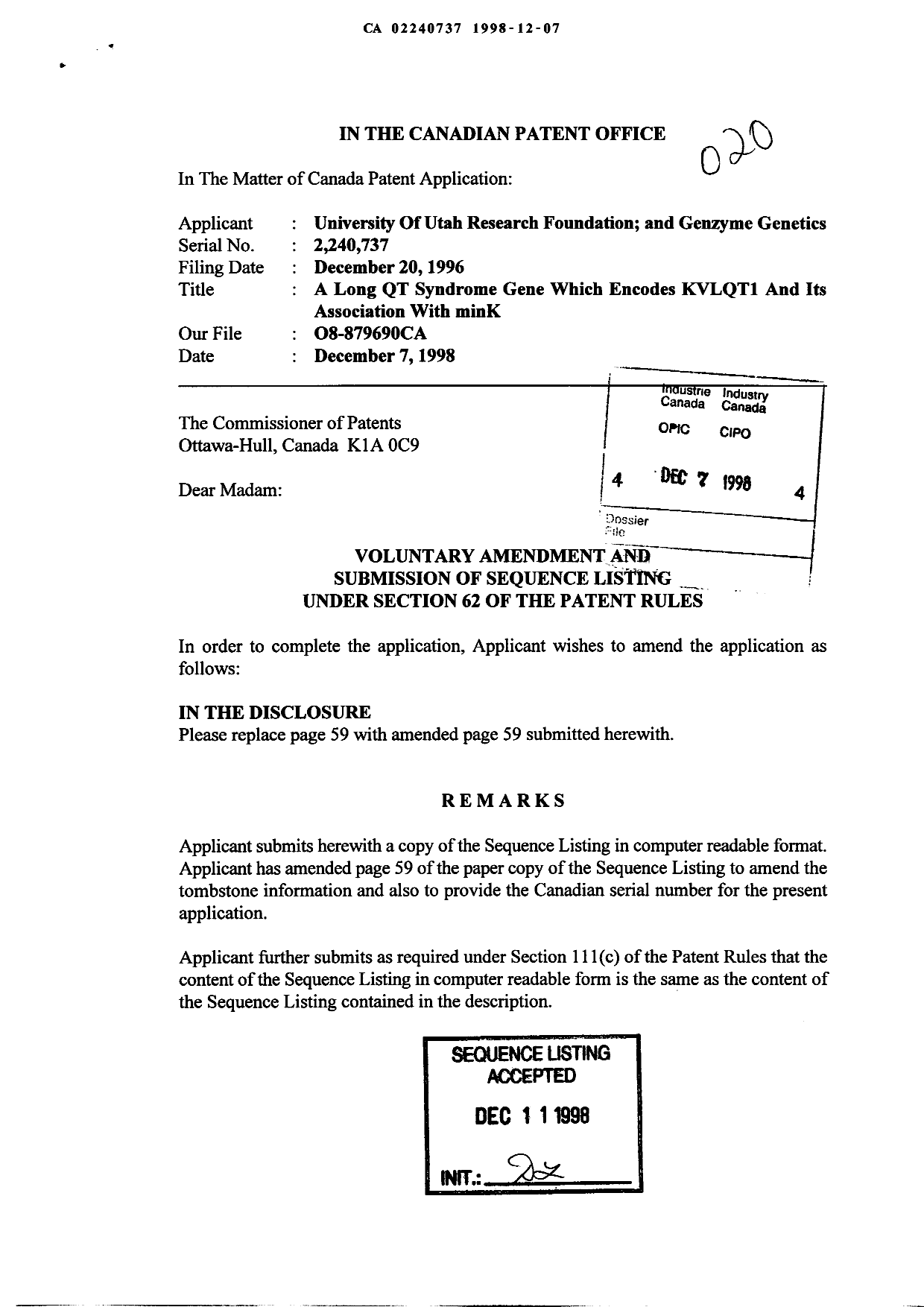 Canadian Patent Document 2240737. Correspondence 19971207. Image 1 of 3