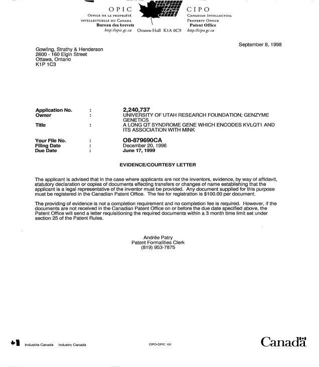 Canadian Patent Document 2240737. Correspondence 19971208. Image 1 of 1