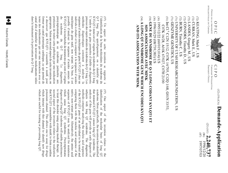 Document de brevet canadien 2240737. Page couverture 19971225. Image 1 de 1