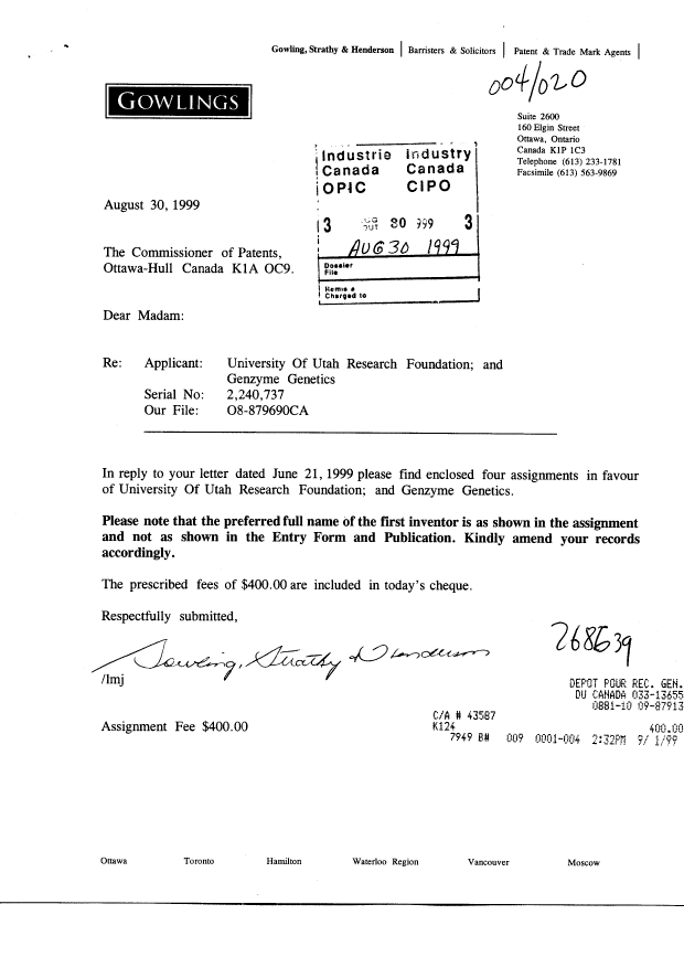 Canadian Patent Document 2240737. Correspondence 19990830. Image 1 of 1