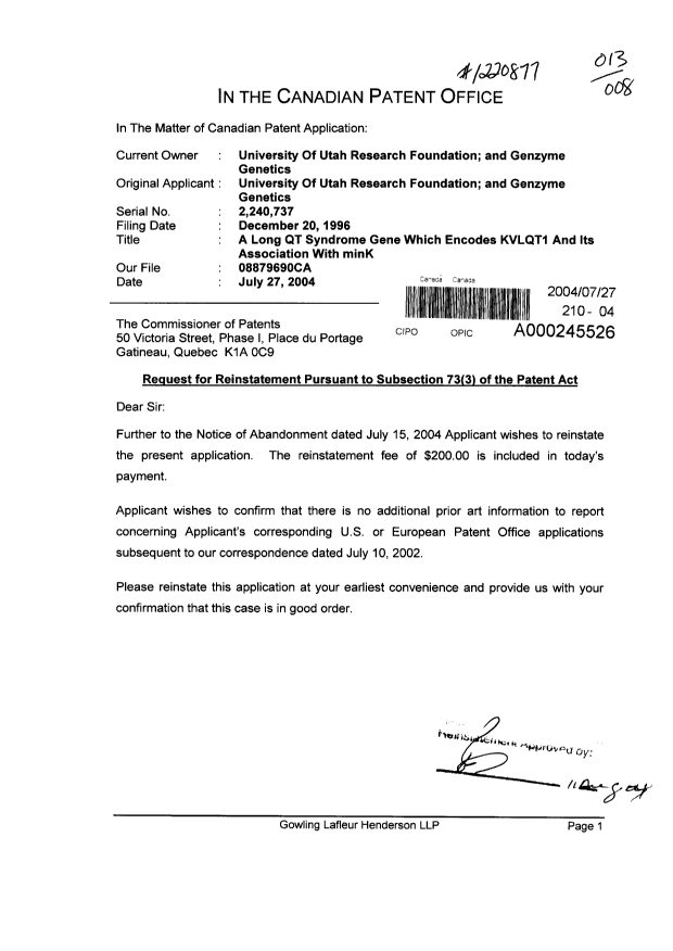 Document de brevet canadien 2240737. Poursuite-Amendment 20040727. Image 1 de 2