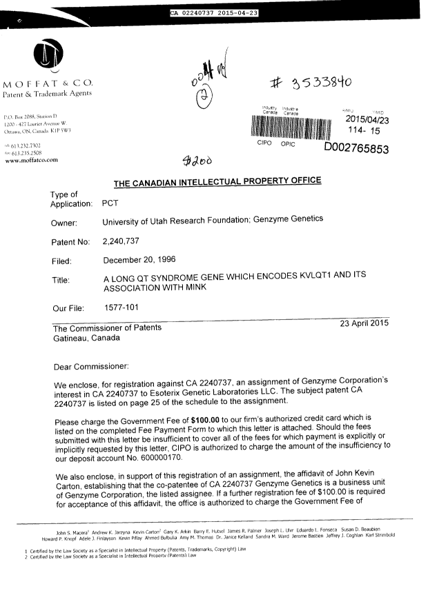 Canadian Patent Document 2240737. Assignment 20141223. Image 1 of 53