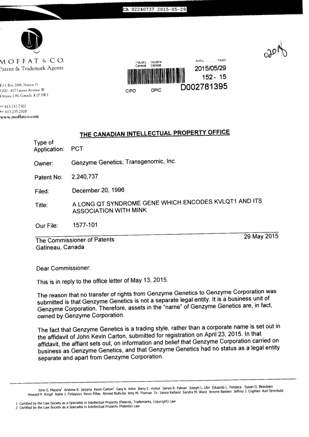 Document de brevet canadien 2240737. Correspondance 20150529. Image 1 de 2