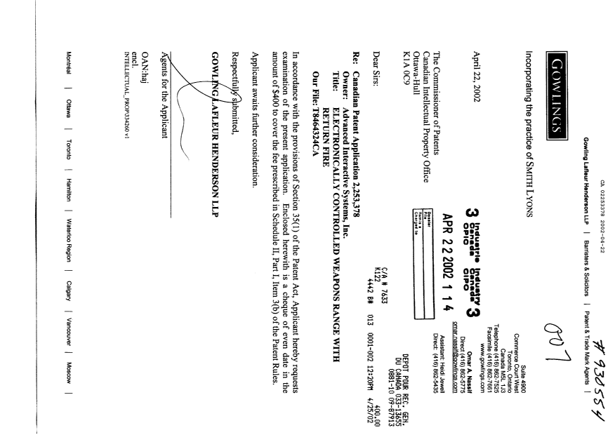 Canadian Patent Document 2253378. Prosecution-Amendment 20020422. Image 1 of 1