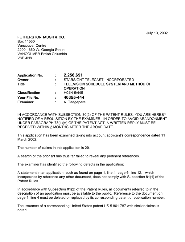 Canadian Patent Document 2256691. Prosecution-Amendment 20020710. Image 1 of 2