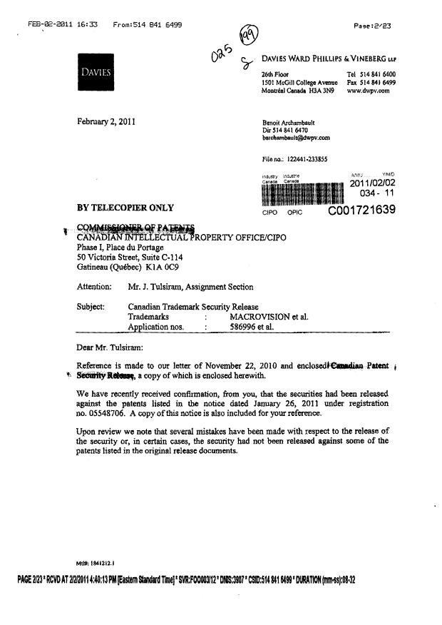 Canadian Patent Document 2256691. Assignment 20110202. Image 1 of 23