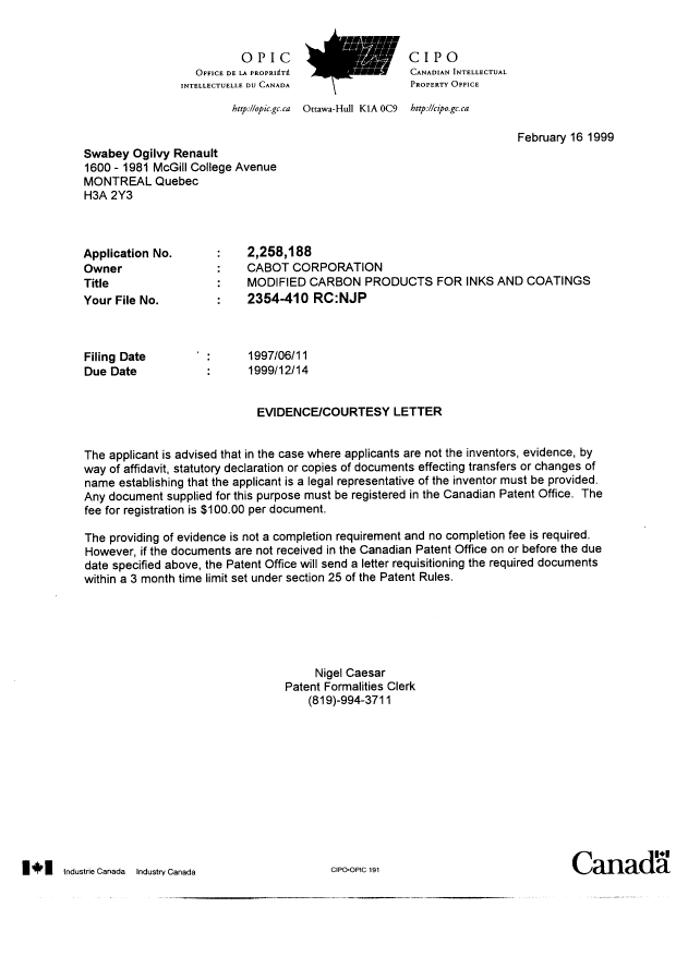Canadian Patent Document 2258188. Correspondence 19990216. Image 1 of 1