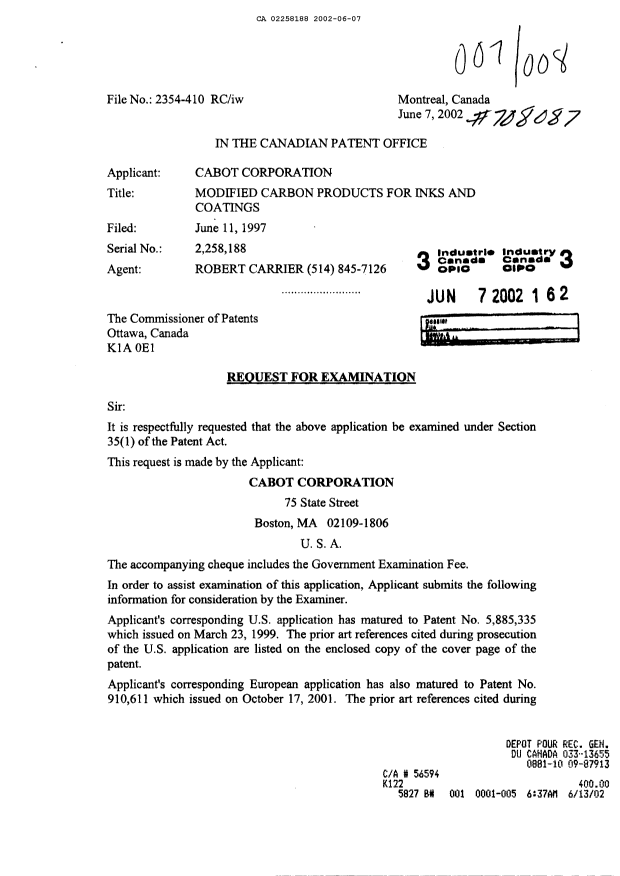 Canadian Patent Document 2258188. Prosecution-Amendment 20020607. Image 1 of 2