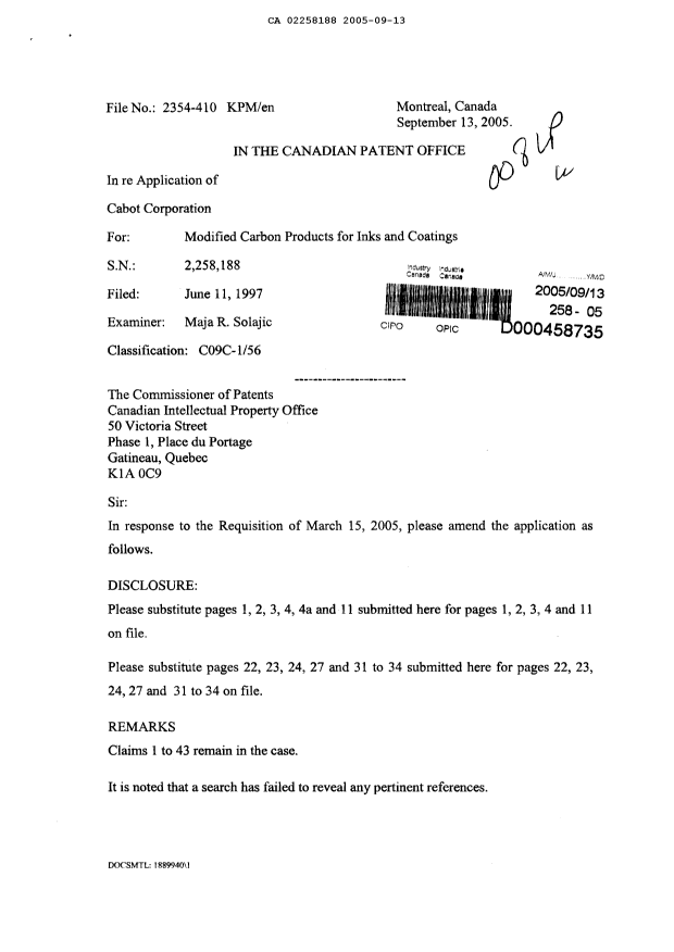 Canadian Patent Document 2258188. Prosecution-Amendment 20041213. Image 1 of 16