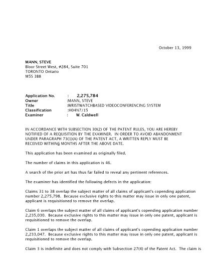 Canadian Patent Document 2275784. Prosecution-Amendment 19981213. Image 1 of 2